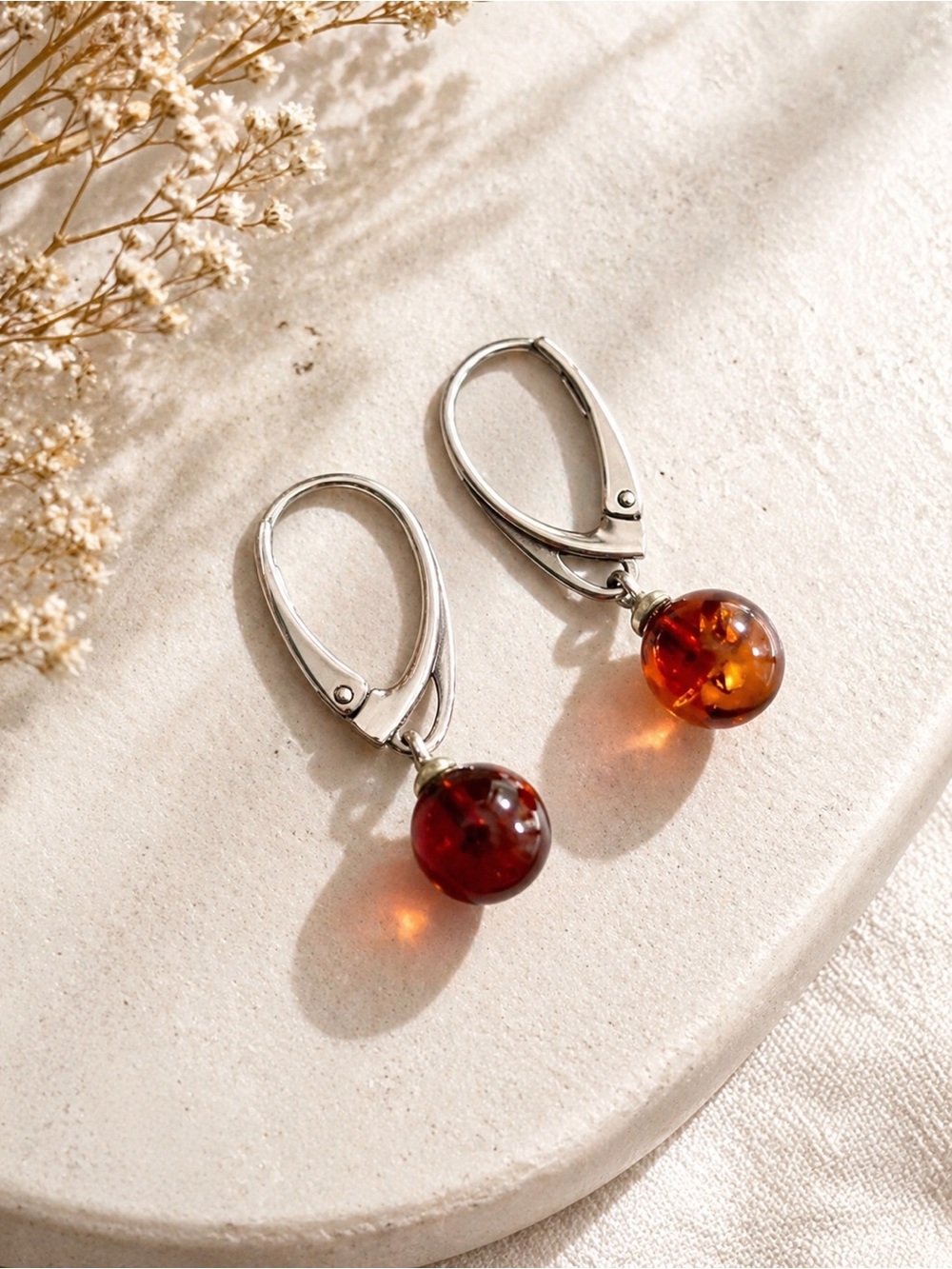 Sterling Silver Amber Drop Earrings - Brown Amber Beads